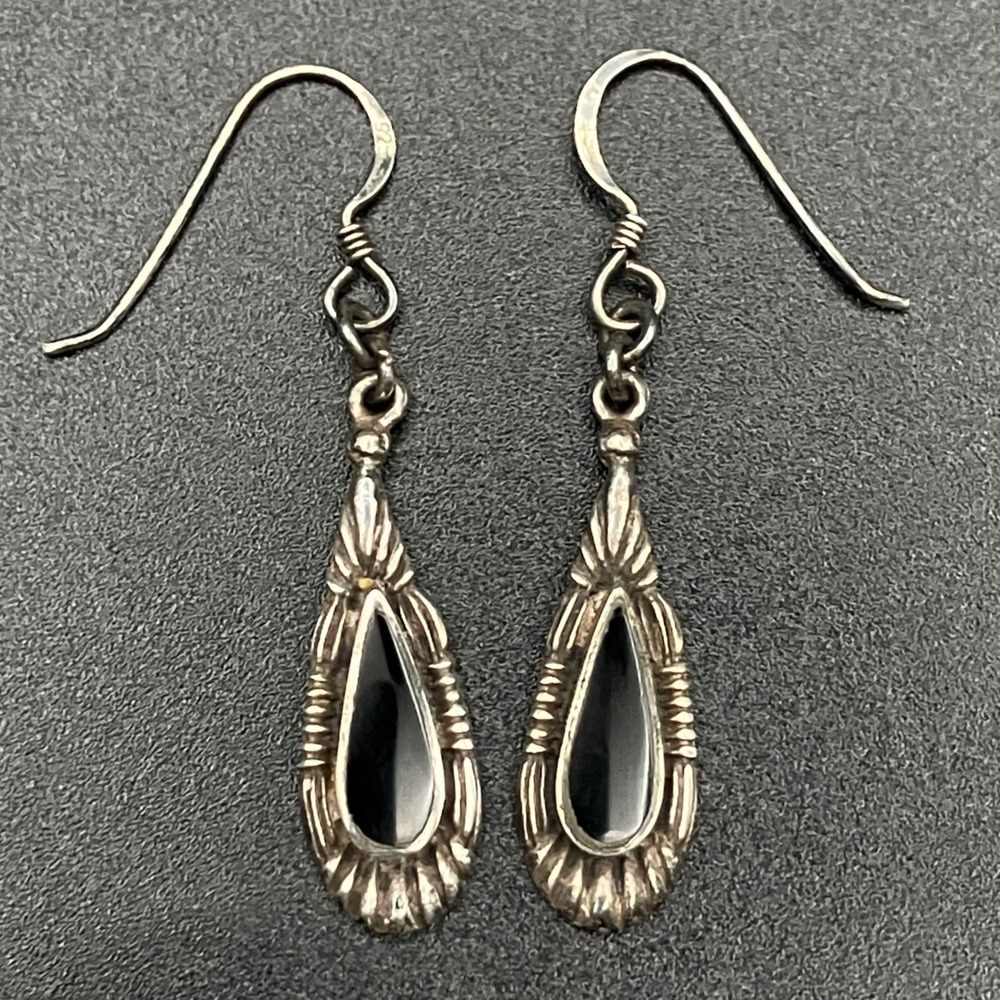 Vintage Sterling Silver Dangle Earrings Black Stone Teardrop Southwestern 1.9"